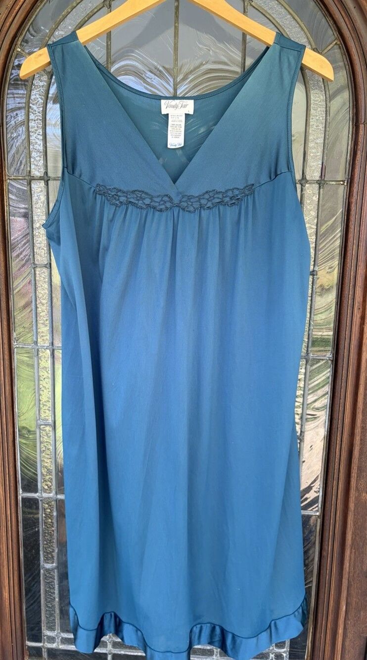 Vintage Vanity Fair Nylon Tricot Nightgown Lace Slip Dress Teal Blue L 70s-80s